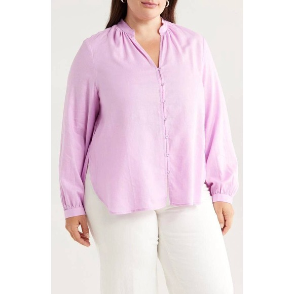 Universal Standard Tops - UNIVERSAL STANDARD Aix Linen Button Up Button Up Women Medium Pink Long Sleeve